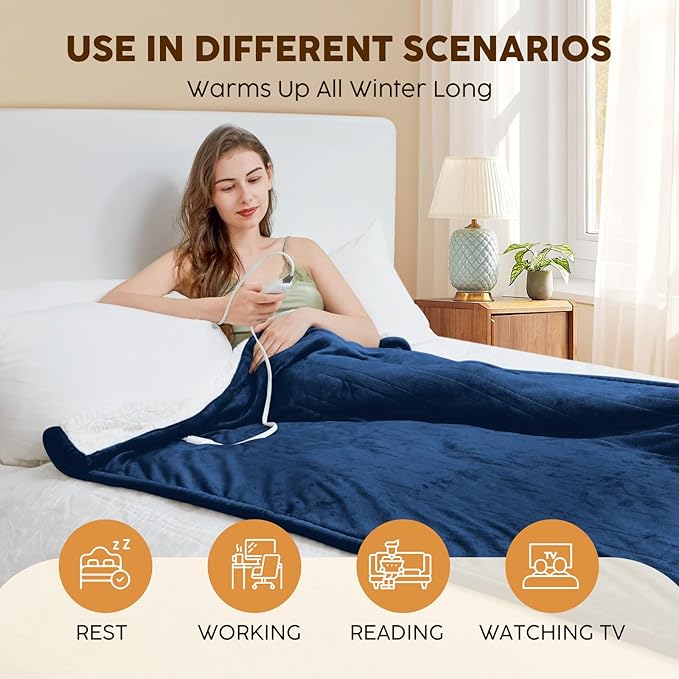 HYLEORY Heated Electric Blanket Throw 50"x60" Soft Fleece & Flannel with 5 Heating Levels & 3 Hours Timer Auto Shutt Off, ETL Certified, Washable，Heated Blanket for Body-Navy