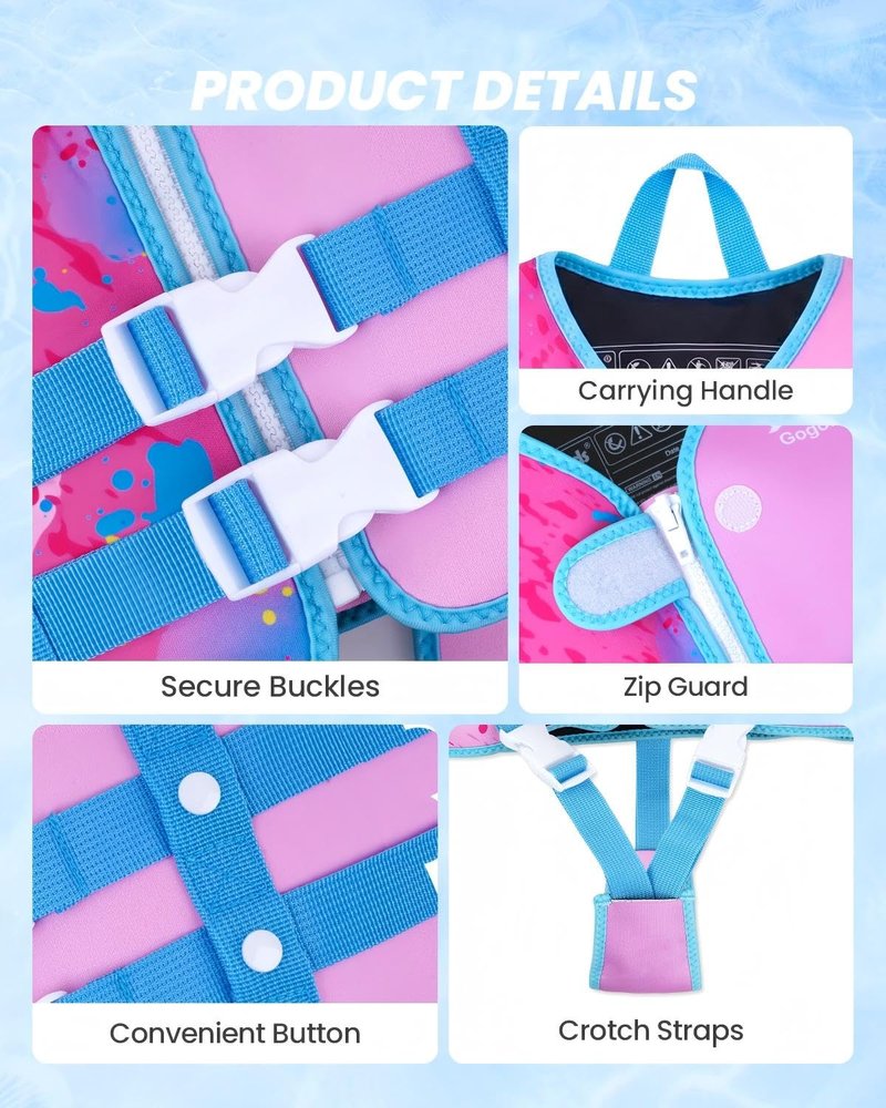 Gogokids Swim Vest for Toddler & Kid 1-2-3-4-5, Adjustable Buoyancy Swimming Vest for Kid Learn to Swim, Toddler Floaty with Removeable Floats and Dual Safety Straps Buoyancy Aid for Pool Beach Puddle