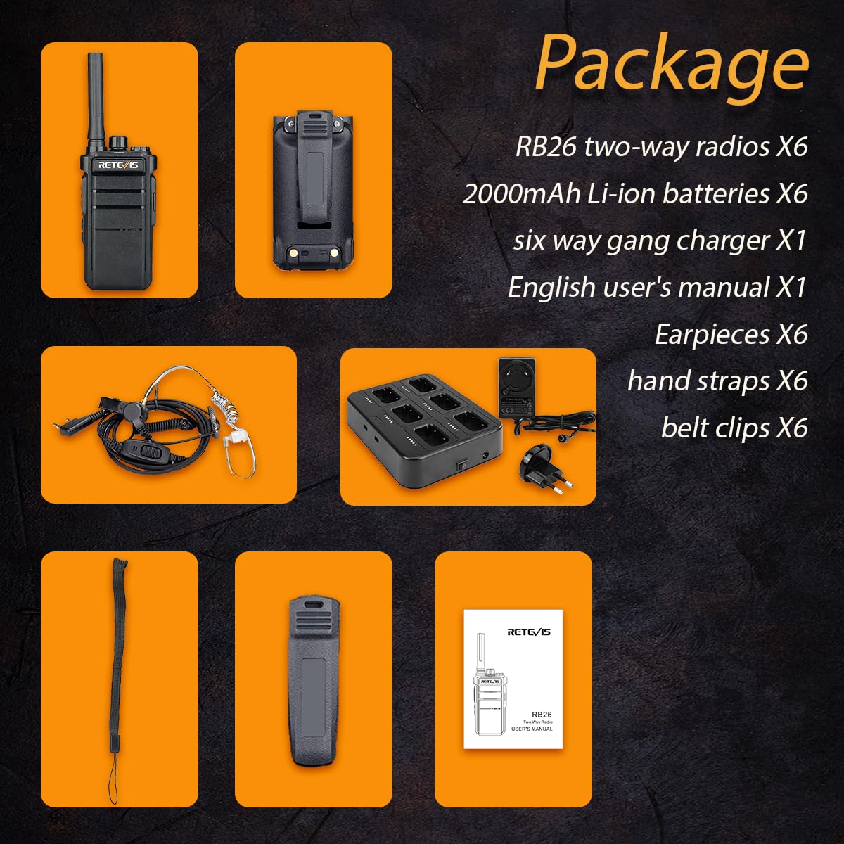 Retevis RB26 Two Way Radio Long Range with Earpiece, Rechargeable Walkie Talkies with 6 Way Charger, 21-Hours, USB-C, Flashlight, GMRS Repeater Capable, 2 Way Radio for Hotel Security Jobsite(6 Pack)