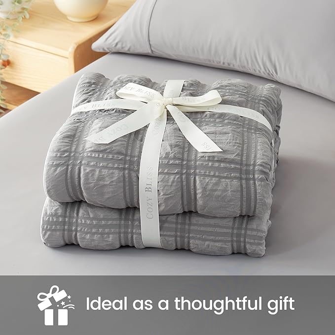 Cozy Bliss Cooling Comforter Twin Size Seersucker Plaid, Q-Max 0.4 Reversible Lightweight Cooling Blanket, Breathable Silk Smooth Summer Bedding Quilt for Hot Sleepers Night Sweats Dark Grey