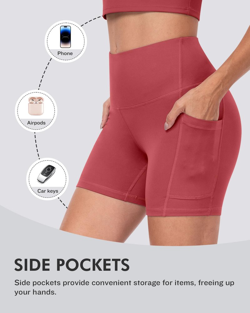 CHRLEISURE 6 Packs Womens Biker Shorts with Pocket, 5 Inch High Waisted Tummy Control Spandex Yoga Workout Shorts (BlackGreyWineXRedNavyJGreen-L)