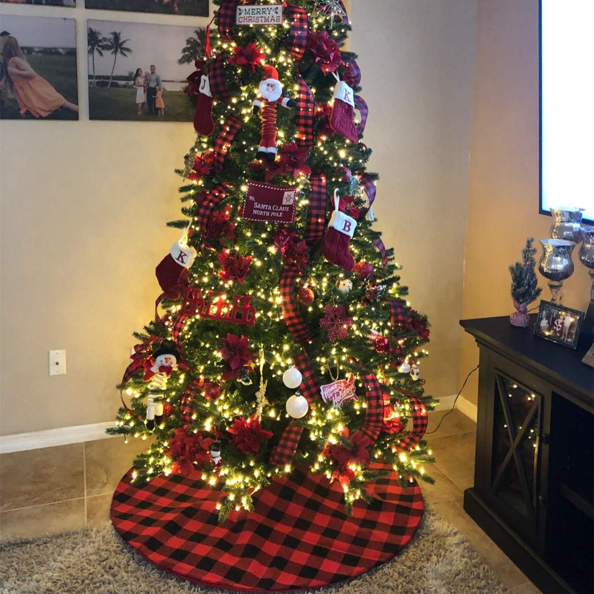 Christmas Tree Skirt Red Black Buffalo Plaid Tree Skirt Small 24 inch Cotton Linen Fabric for Fall Farmhouse Thanksgiving Xmas Holiday Check Tree Skirts Decorations