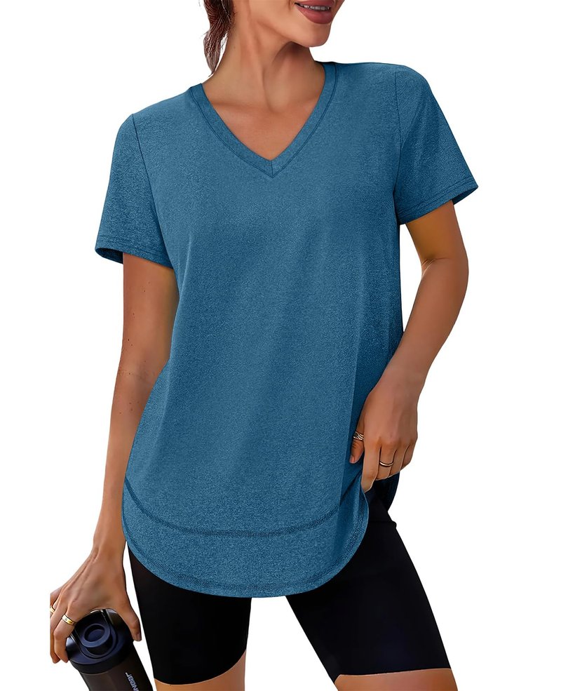 Workout Tops for Women Spring Summer Short Sleeve Golf Outfits Gym Essentials Activewear Running Shirts V Neck Blue Green S