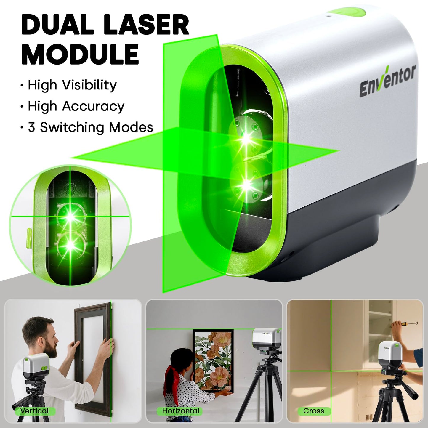 Enventor Green Laser Level, Self Leveling Laser Level for Picture Hanging and Home DIY, Horizontal and Vertical Cross-Line Laser, Rotatable 360° Magnetic Holder, Pulse Mode, USB Charging