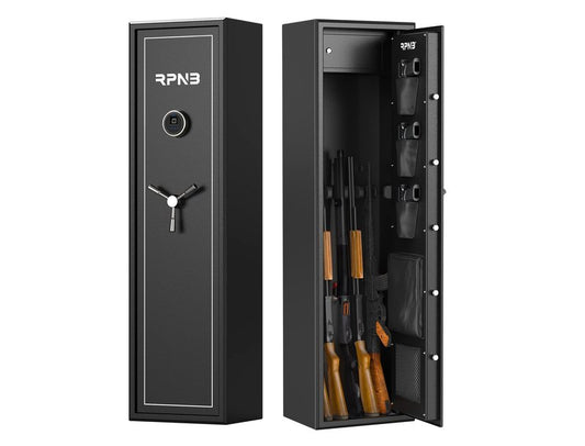 RPNB Large Biometric Rifle Safe,7-Gun Electronic Gun Security Cabinet,Quick Access Fingerprint Long Metal Rifle Gun Security Cabinet with 3 Spoke Safe Handle,Door Organizer,Separate Pistol/Ammo Area