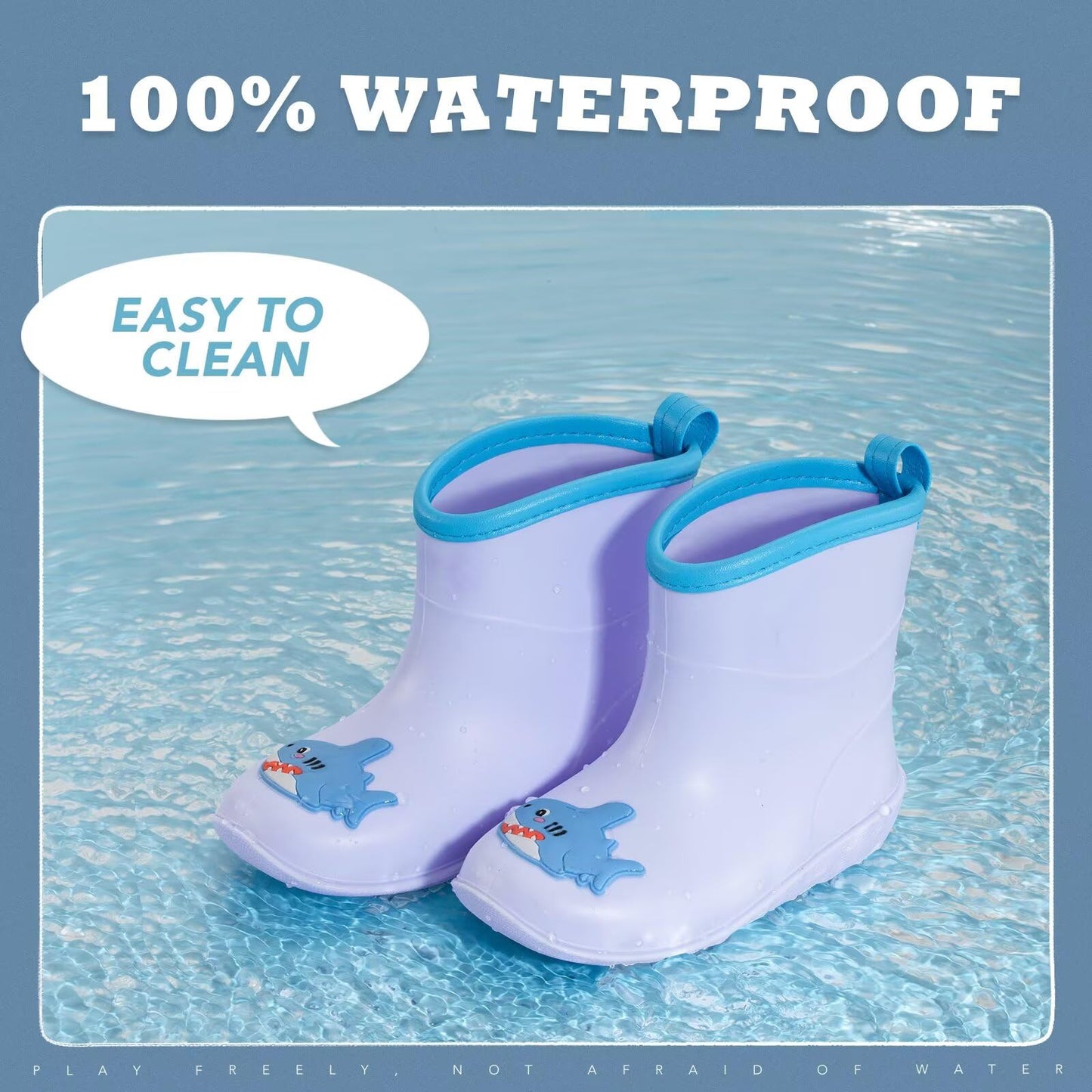 FUNCOO PLUS Toddler Baby Blue Wellies for Boys Girls, Little Kids Animal Shark Welly Boots Infant Rain Boot Wellingtons Waterproof Boots 1-6 Years Size 5