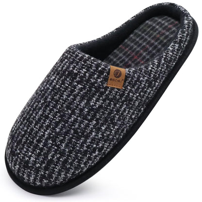 ONCAI Mens Slippers Black Knit Stripes Memory Foam Mule Slippers Slip On Warm House Indoor/Outdoor Shoes With Non-Slip Sole Size 9