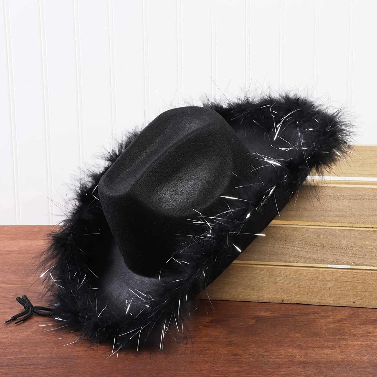 Juvolicious Black Cowgirl Hat - Medium Adjustable - Sparkly Feathered Costume Cowboy Hat for Women & Men - Western Party Accessory