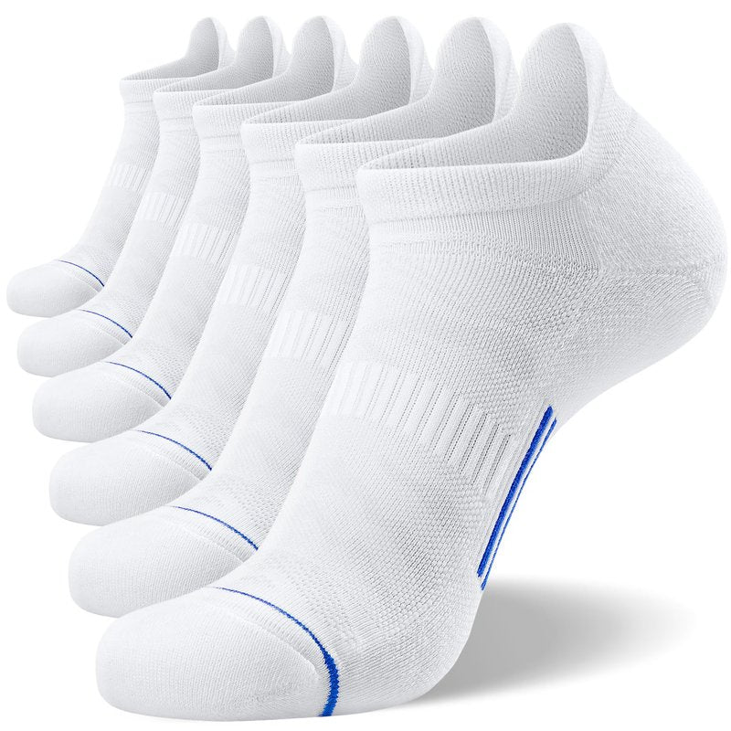 FITRELL 6 Pack Men's Ankle Running Socks Low Cut Cushioned No Show Compression Athletic Sports Gift for Men, Shoe Size 9-12, White+Blue