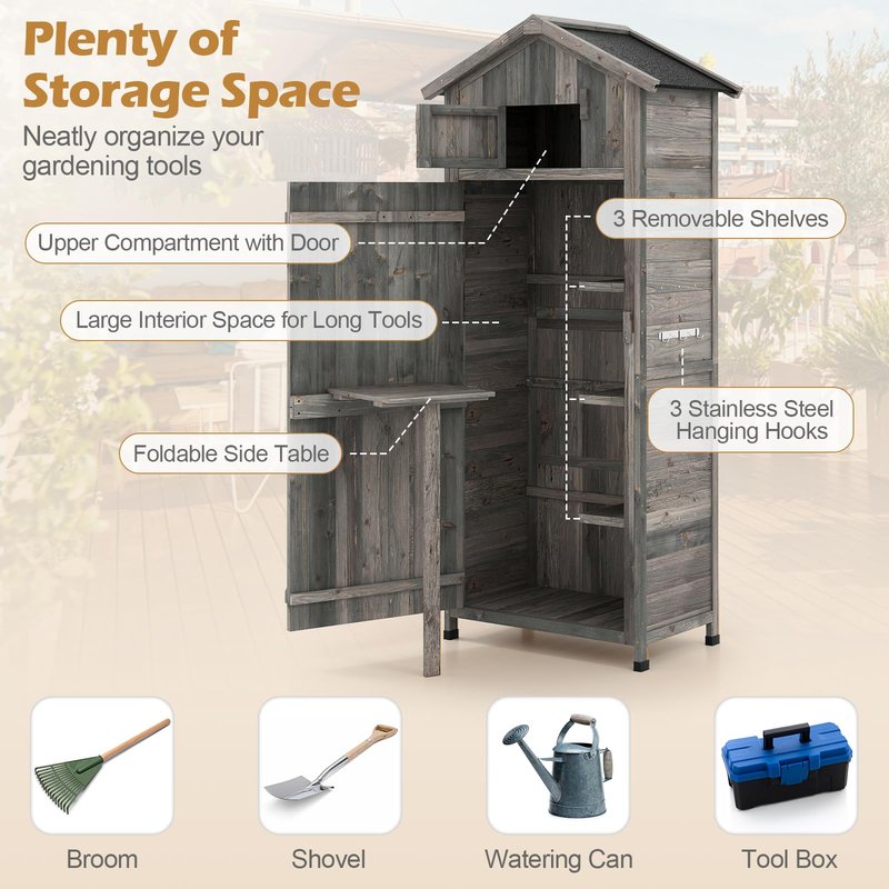 IRONMAX Outdoor Wooden Storage Shed, 70 Inches Outside Vertical Tool Storage Cabinet w/Folding Table & Removable Shelves, Tall Wood Garden Shed for Patio, Deck, Backyard, Lawn (Grey, 30“x20”x70”)
