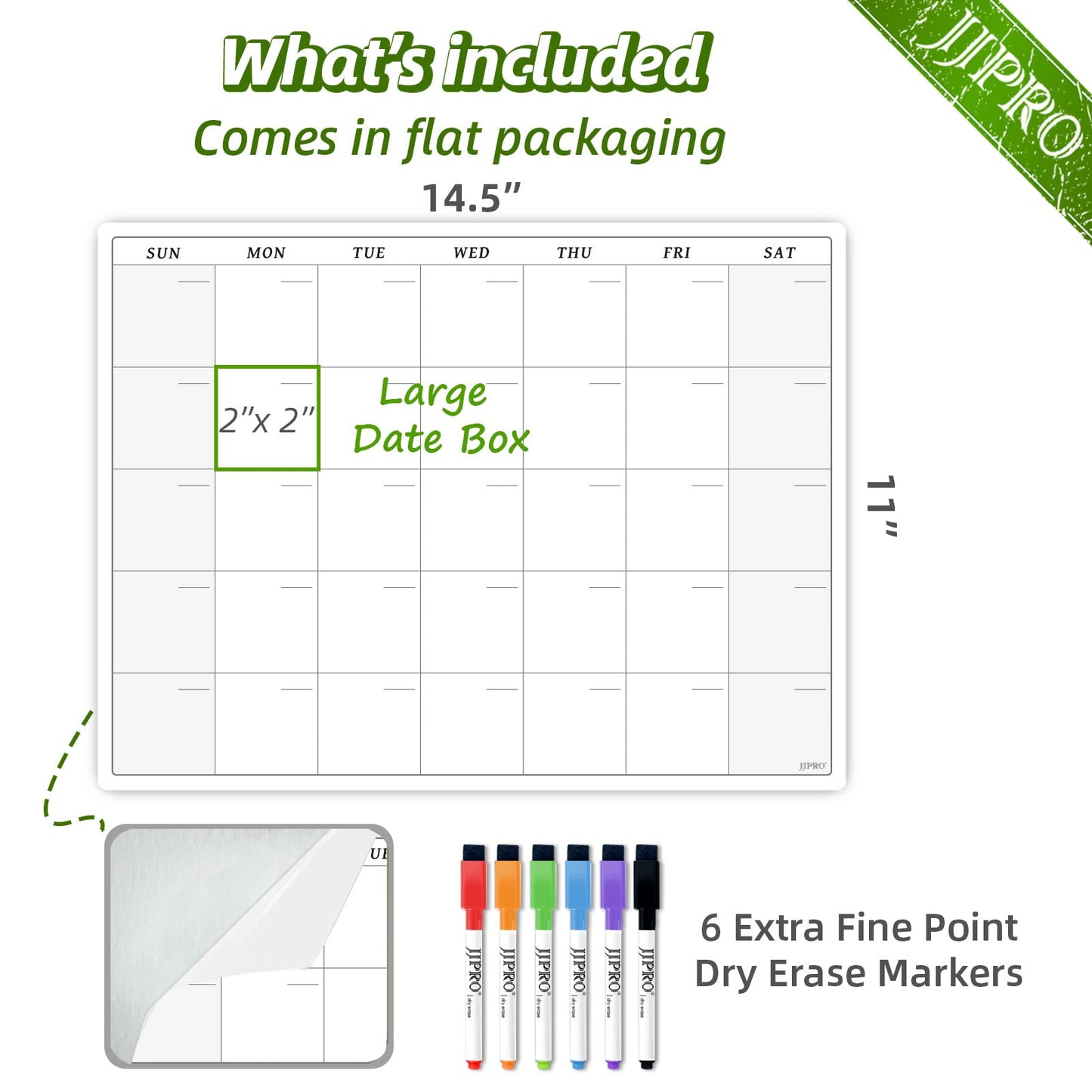JJPRO Non-Magnetic Reusable Monthly Calendar Whiteboard Clings to All Smooth Surfaces. Monthly Planning Board for Refrigerator, Cabinet,Door&Stainless Fridge, 6 Markers Included!