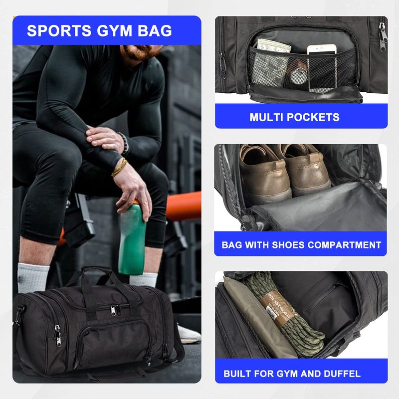 Miramrax Gym Bag Duffle Bags for Men Women with Shoes Compartment Sport Weekend Travel Overnight Carry On Bag for Tactical Military Travel Work Out Bags (Black)