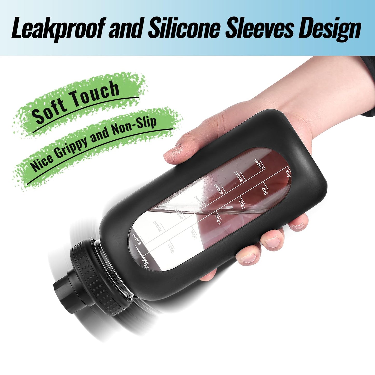 EALGRO 32 oz Glass Water Bottle with Straw and Handle, Sports Motivational Water Flask with Silicone Sleeve, Large Leakproof Water Flask Cup with Time Marker for Travel, Gym, Black