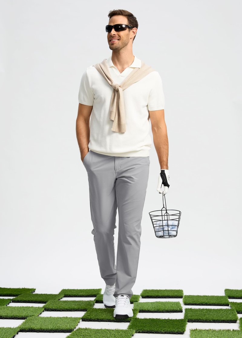 Pudolla Men's Golf Pants Work Dress Comfy Pants Casual Slacks Trousers with Pockets(Light Grey 42Wx32L)
