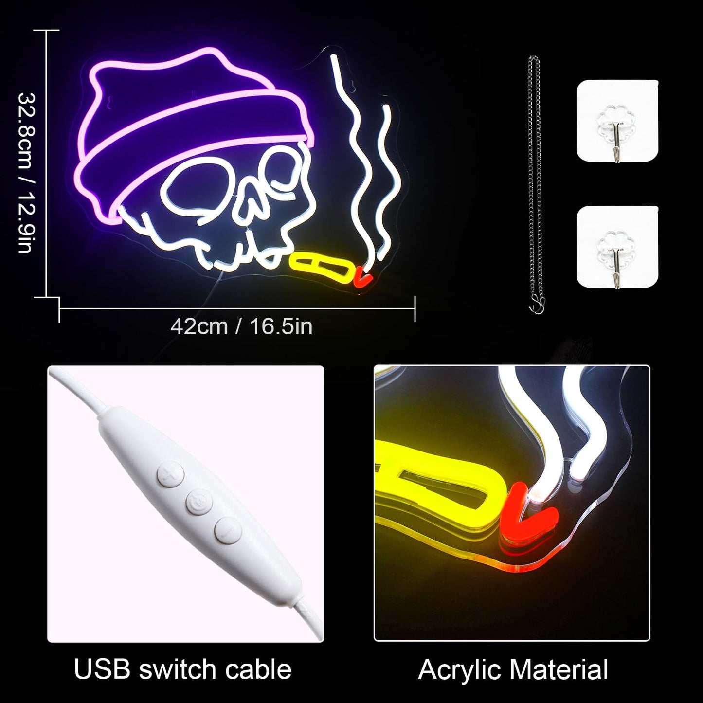 Lucunstar Skull Neon Sign - Adjustable Brightness LED Halloween Decor for Wall, Bedroom, Home, Party Light