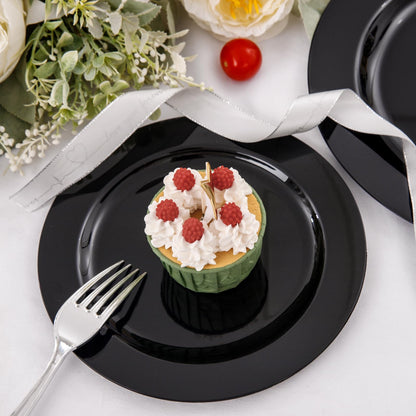 FLOWERCAT 60PCS Black Plastic Plates - Heavy Duty Black Disposable Plates for 30 guests Halloween Party/Wedding/New Year - Include 30PCS 10.25inch Dinner Plates and 30PCS 7.5inch Dessert Plates