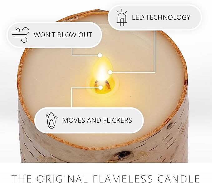 Luminara Real Birch Bark Wrapped Flameless LED Candle, 3.5" x 6.5", Battery Operated Moving Flame Pillar Light with Timer - Natural Decor Unscented