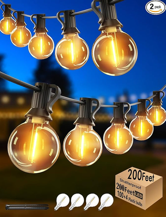 Outdoor String Lights Waterproof Patio Lights 200FT with 100+4 Shatterproof G40 LED Edison Outdoor String for Party Backyard Gazebo Pegola Cafe, 2Pack x 100ft