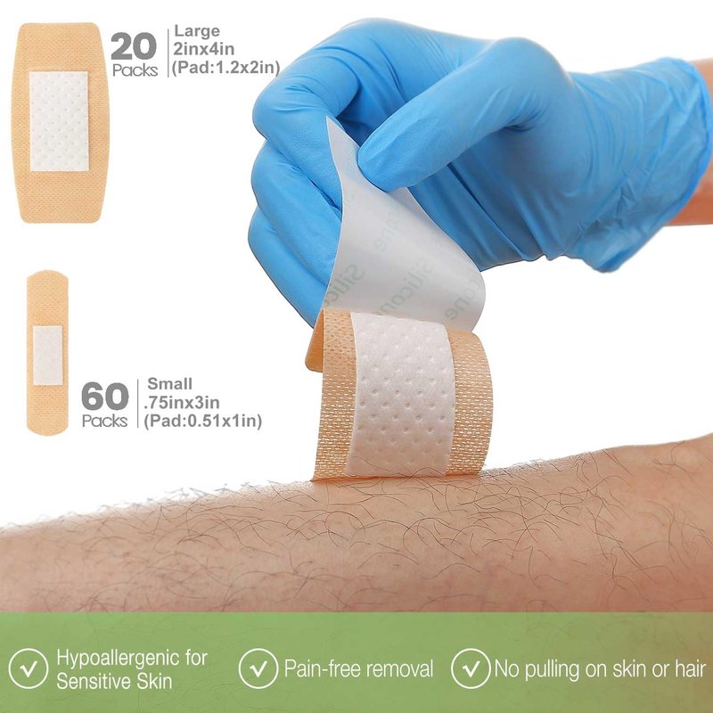 NeuHeils 80 Pcs Silicone Bandages for Sensitive Skin Assorted Sizes: Small 0.75x3 in (60 Pcs) & Large 2x4 in (20 Pcs). Non-Stick Pad, Hypoallergenic, Pain-Free Removal, Idea for Fragile Skin