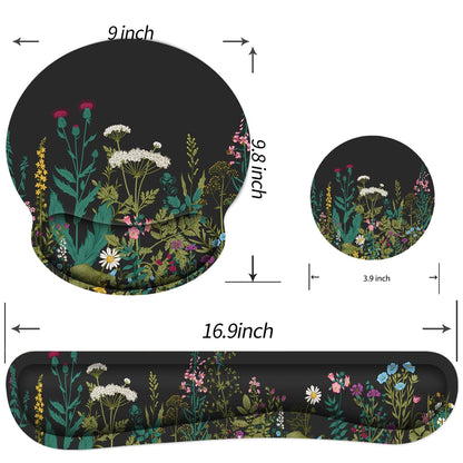 Ergonomic Mouse Pad with Wrist Rest and Keyboard Wrist Rest, Memory Foam Wrist Rest for Computer Keyboard, Easy Typing, Pain Relief, Mouse Pad Wrist Support for Gaming,Office, Laptop, Black Flower