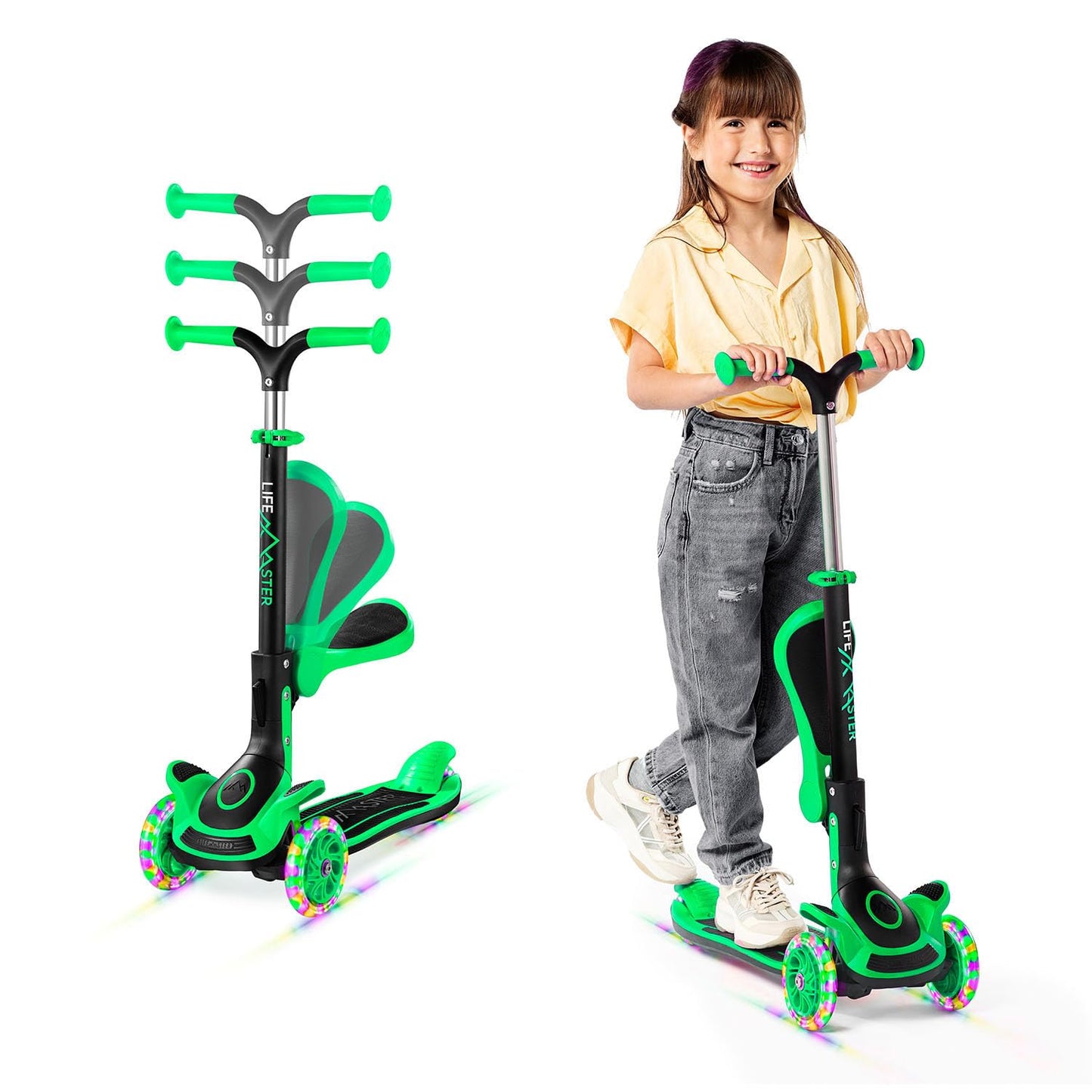 3 Wheel Scooter for Kids with Foldable Seat, Adjustable Handlebar Height, Lean-to-Steer Ride On Toy for Kids Ages 2+, Light-Up LED Wheels, Wide Anti Slip Deck, Indoor & Outdoor Use, Green
