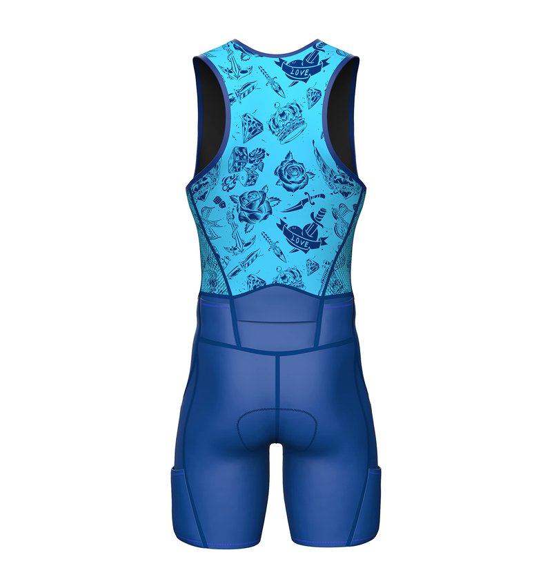 Sparx Men's Premium Triathlon Suit – Padded, Quick-Dry, Compression Fit, Lightweight Tri Suit for Swim, Bike, Run Race & Training (3XL, Blue Tattoos)