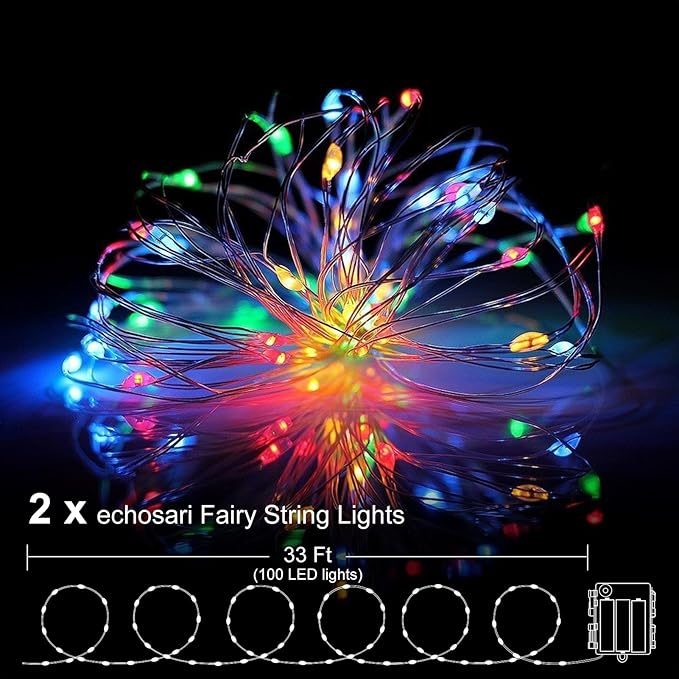 2 Pack Fairy Lights Battery Operated 200 LED 66Ft Silver Wire Starry String Lights Auto Timer 8 Modes Waterproof Mini String Lights for Outdoor Indoor Garden, Yard, Fence, Wedding Decor (Multicolor)