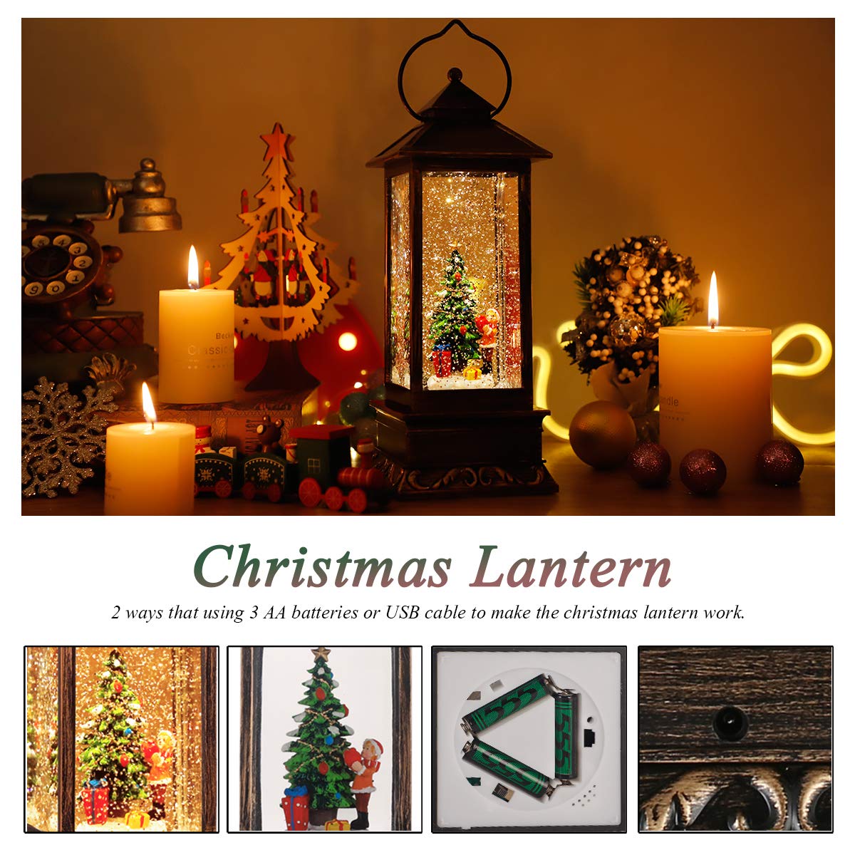 Christmas Snow Globe Lantern Crystal Glitter Lantern Features 8 Songs and 6-Hour Timer Function Ideal for Holiday Decorations and Gifts USB and Battery-Powered Snow Globe (Christmas Tree)