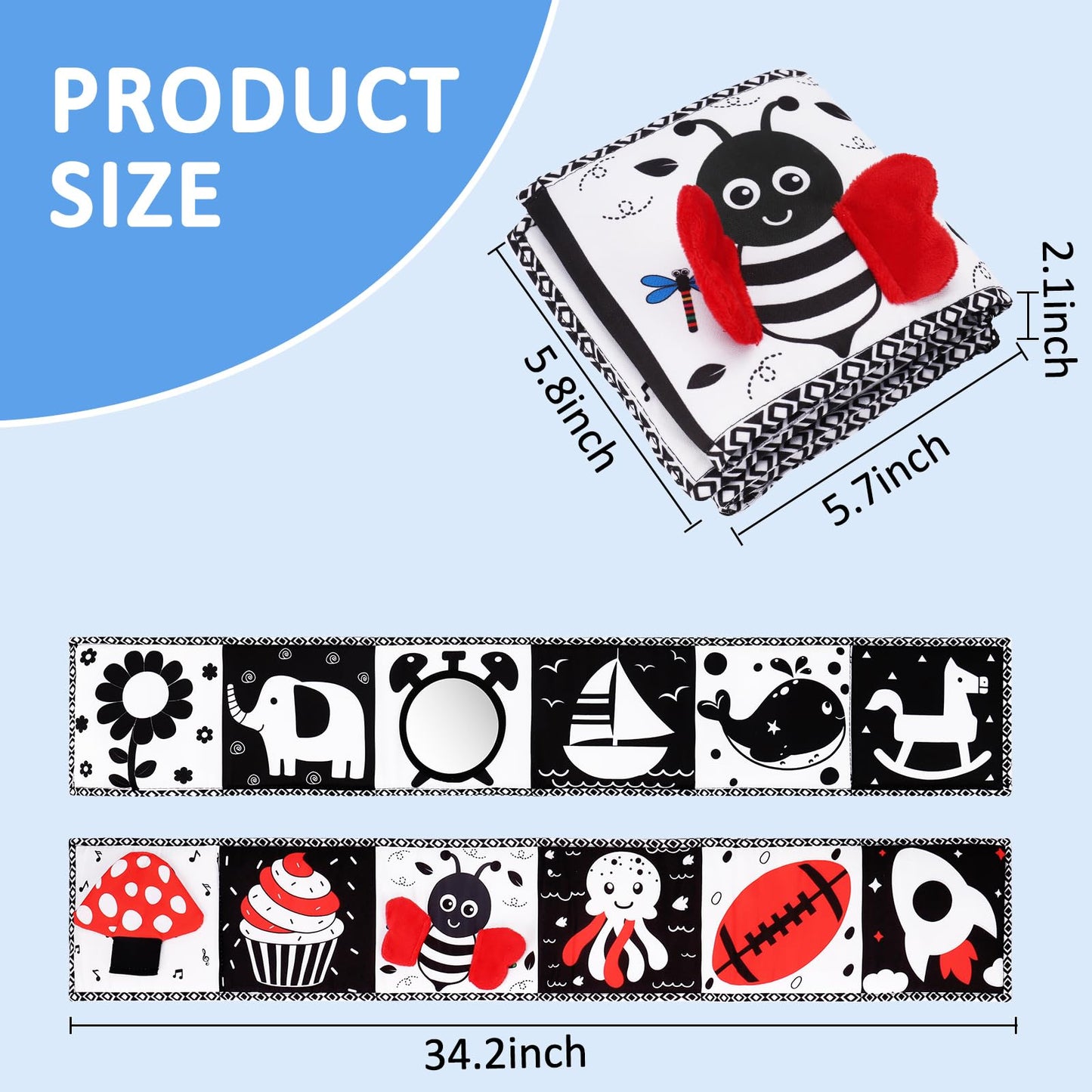 Black and White High Contrast Toys for Baby 0-3 3-6 Months Infant Tummy Time Soft Book Sensory Musical Toy 0-2-4-6 Month Babies Brain Development Montessori Crinkle Book Mirror Newborn Shower Gifts