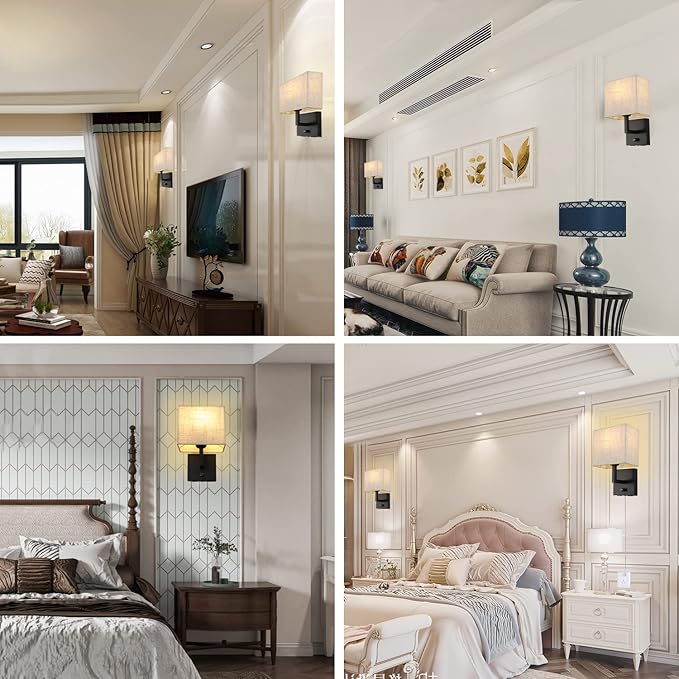 Bedside Wall Mount Light with Dimmer Switch and Two USB Charging Port, Fabric Linen Shade Wall Sconces Light with Plug in Cord, Black Wall Lamp Perfect for Bedroom, Living Room and Hotel