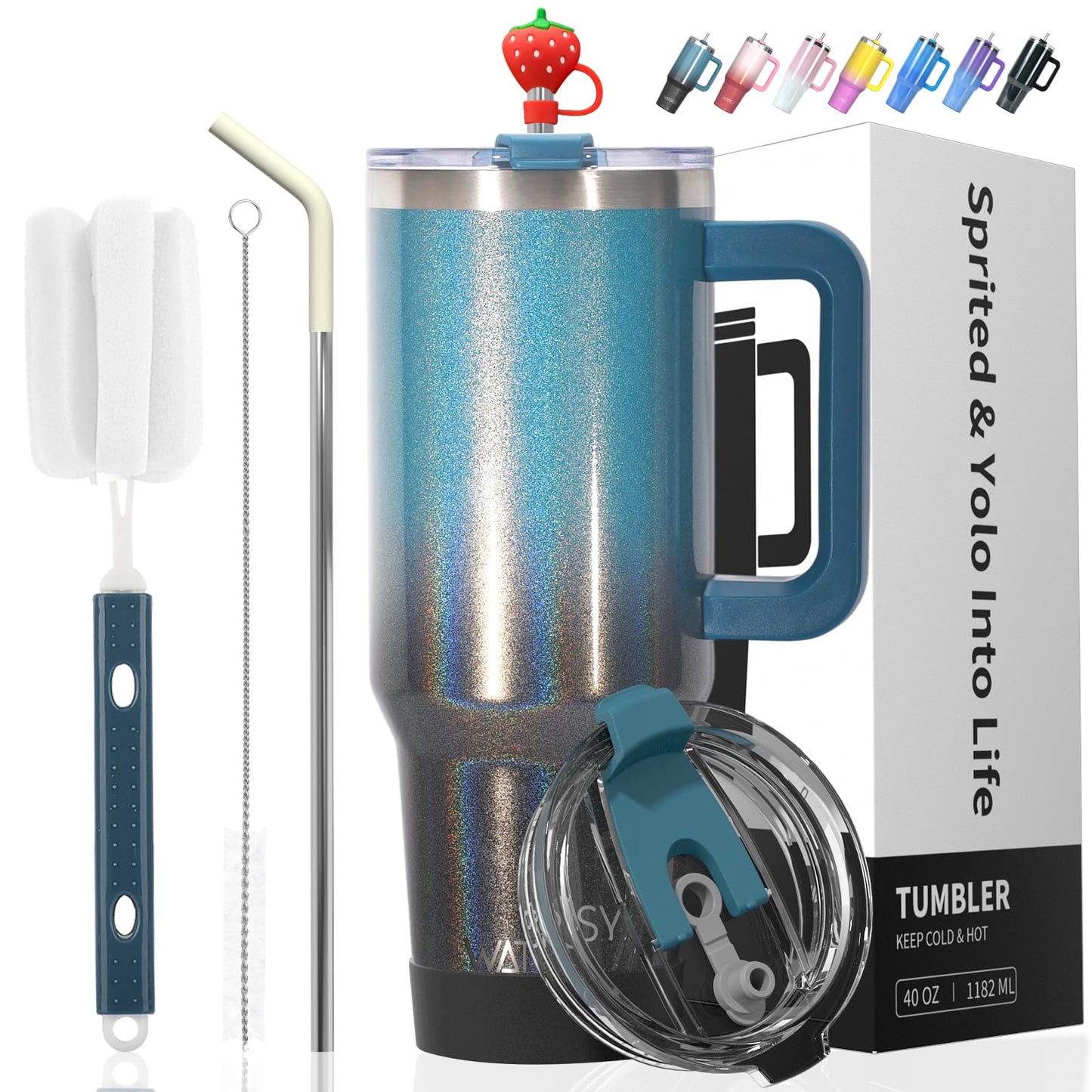 40 oz Shiny Tumbler with Handle and Straw,Stainless Steel Tumbler with Lid and Straw,Insulated Travel Mug(Cold for 34 Hours),Water Bottle for Iced Tea,Coffee (Black Blue)