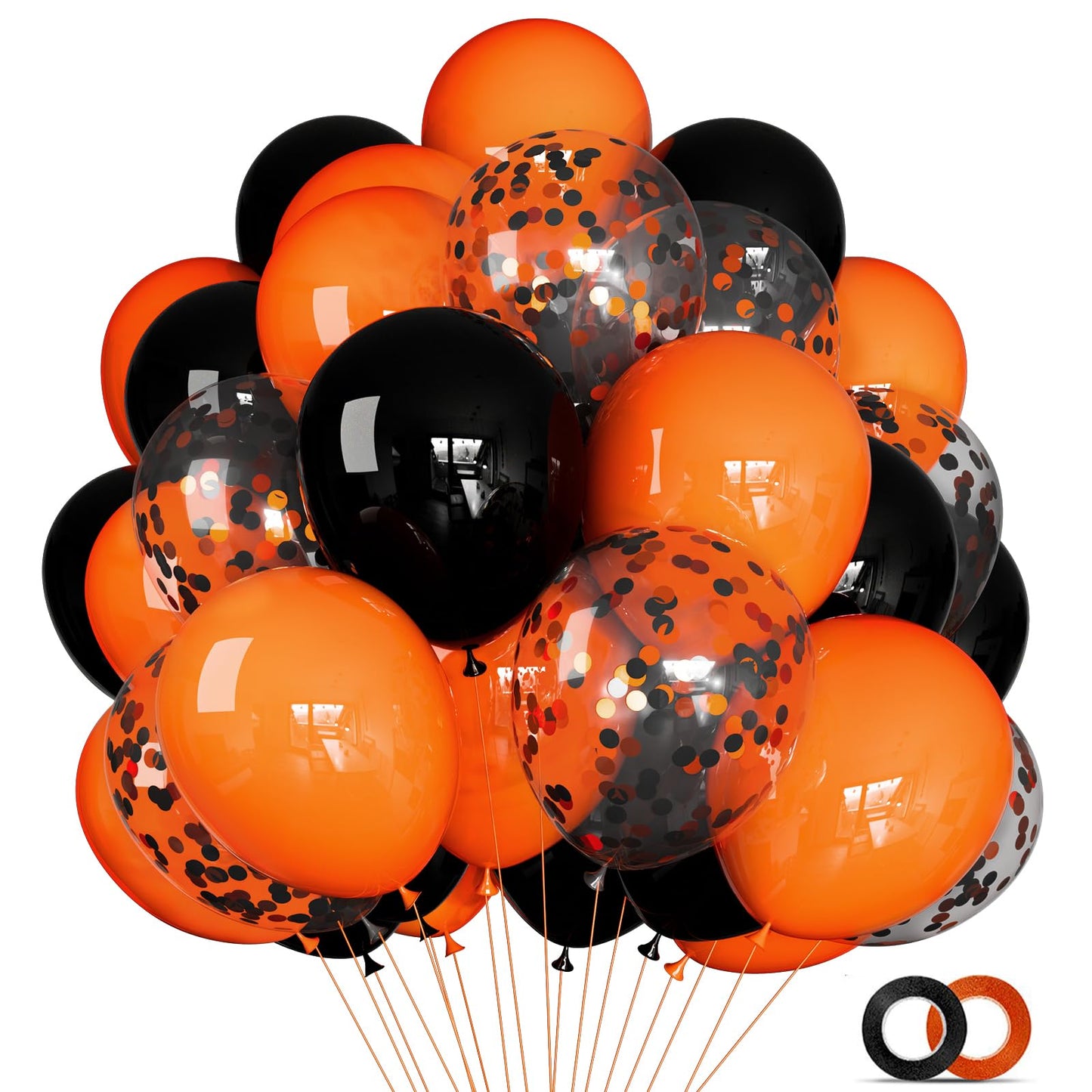 68Pcs Black and Orange Balloons, 12 inch Orange Black Latex Balloon Set with Confetti Ribbons Reusable, Fade-Resistant for Halloween, Graduation Spooky Party Decorations.