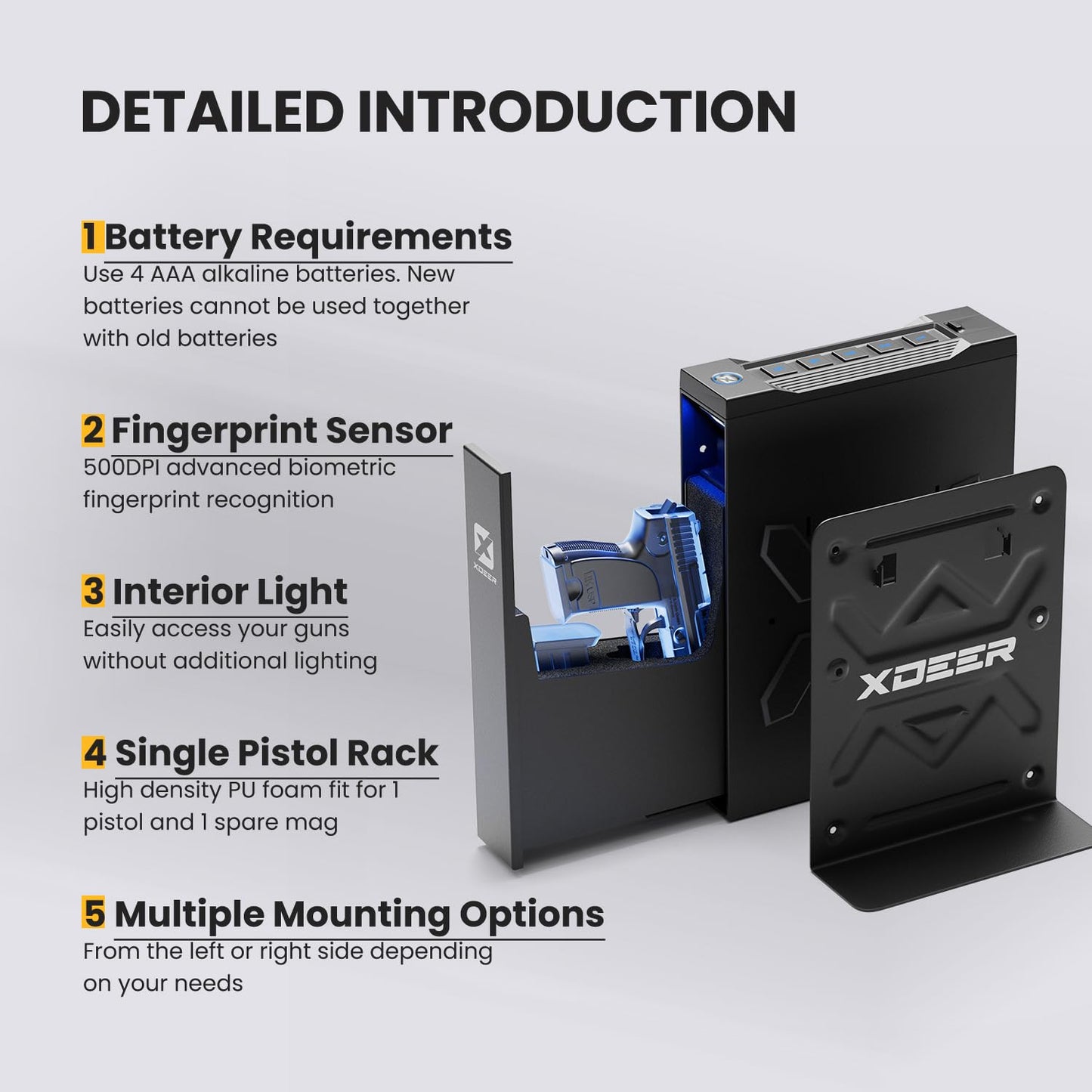Biometric Gun Safe for Nightstand, Desk, Bedside Mounted, Auto Open Pistol Safe, Drawer Handgun Safe with Internal LED light, Silent mode, Quick Access Gun Lock Box with Fingerprint, PIN Code, Key