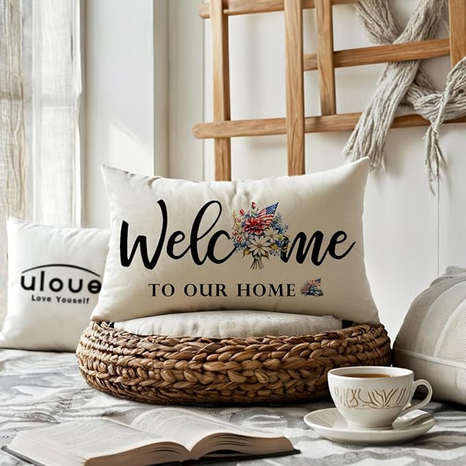 Patriotic Welcome Throw Pillow Covers 12 x 20 Inch Farmhouse Summer Holiday Decorative Lumbar Pillowcases Flowers Cushion Covers for Front Porch Decor Housewarming Gifts (Blue/Red)