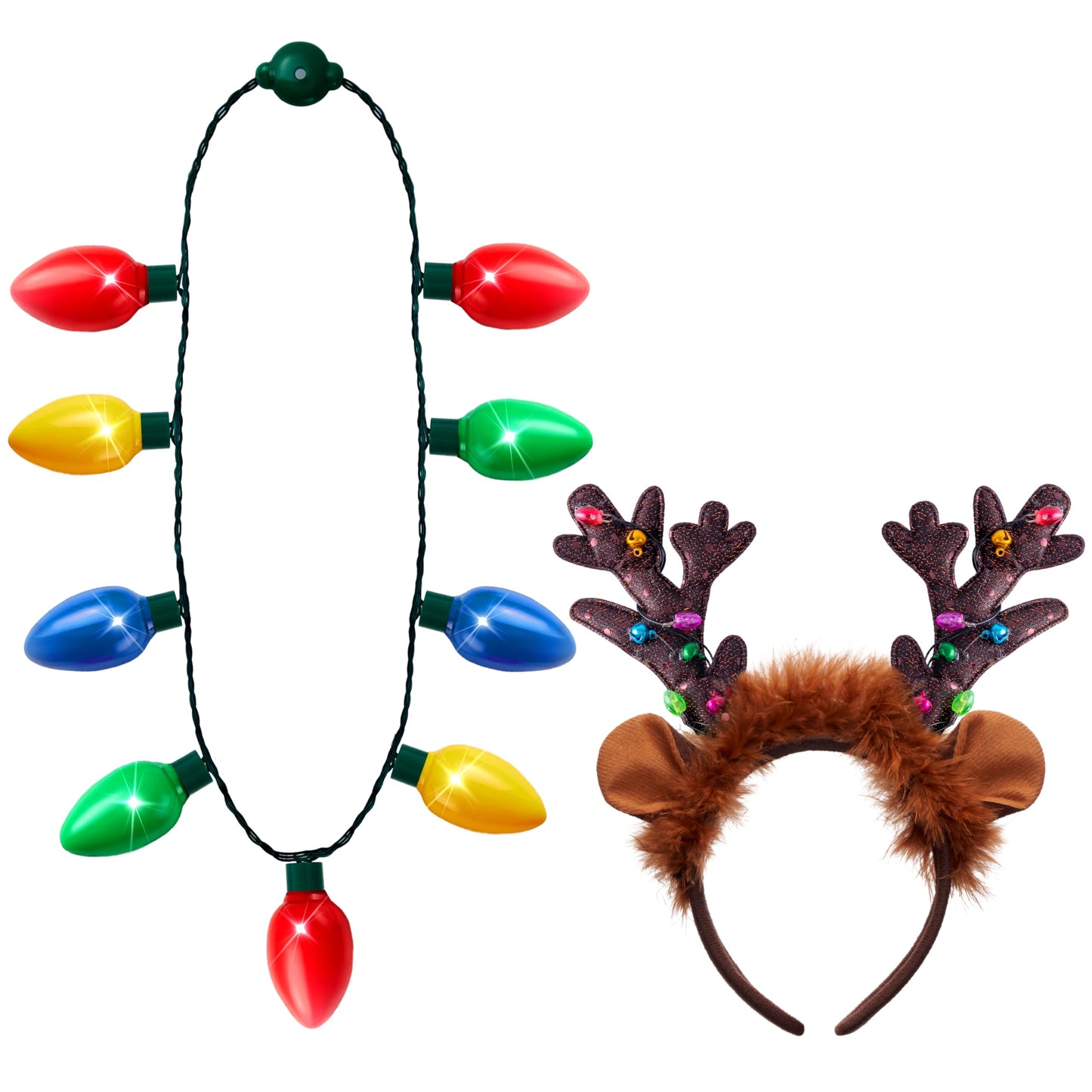 JOYIN 2PCS Christmas LED Necklace and Reindeer Headband, Light Up Necklace with 9 Bulbs, Christmas Headwear and Holiday Parties Xmas Costume Accessories Party Favors.