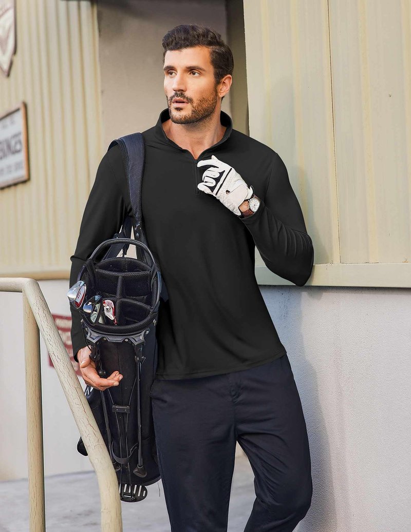 COOFANDY Mens Quarter Zip Pullover Athletic Shirt Long Sleeve Sun Protection Shirt Golf Zip Up Lightweight T Shirts for Man Black