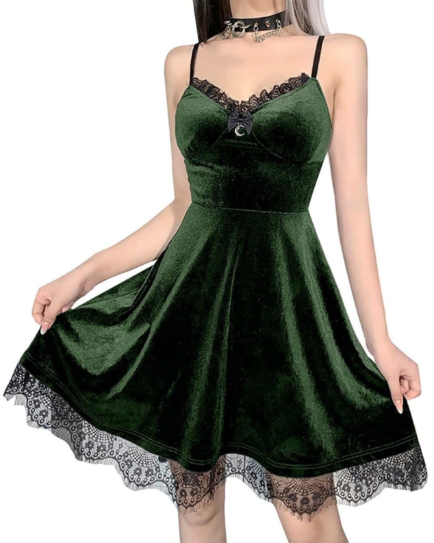 Summer Gothic Dress Women Sexy Lace Velvet Retro Harajuku High Waist Green Dresses