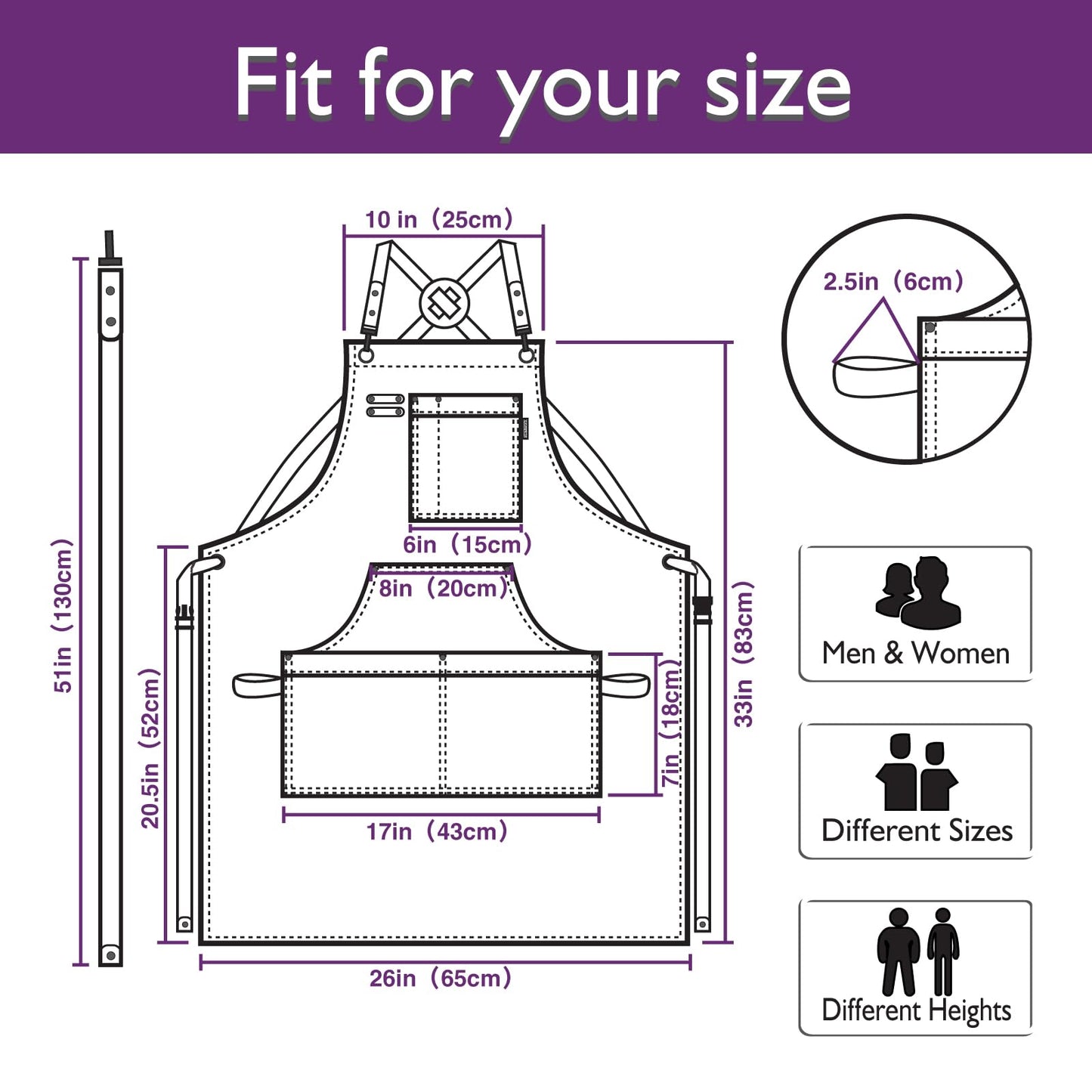 Stenffy Kitchen Apron, Work Apron, Canvas, Multiple Pockets, Gardening, Painting, BBQ, Carpenter, Sizes M to XXL, Purple
