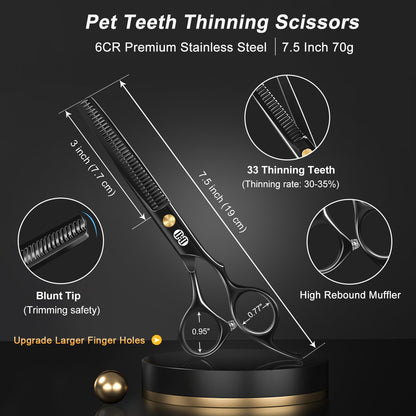 CIICII Dog Grooming Scissors Kit, 7.8 Inch Professional Pet Grooming Scissors Set (Dog/Cat Hair Thinning Trimming Cutting Shears) with Curved Scissor for DIY Home Salon (Heavy Duty-Black-9Pcs)