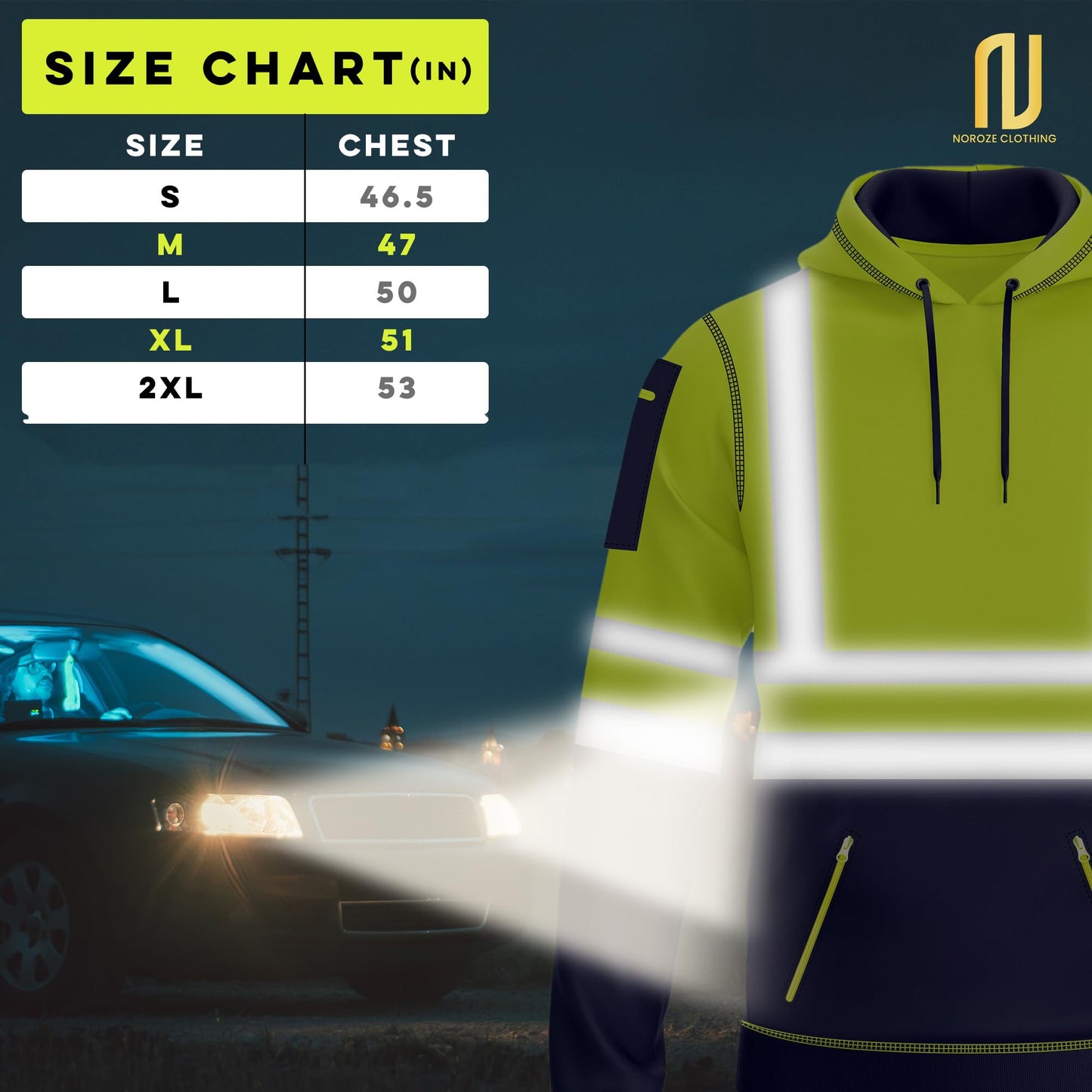 NOROZE Mens Hi Vis Hoodie with Reflective Tape, Pullover High Vis Hoodie for Safety Workwear– 4 Utility Zipped Pockets, Work Hoodies for Men, High Visibility Hooded (M, Style 1: Neon Green/Navy)