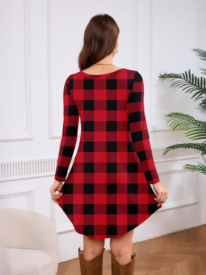 DEARCASE Women's Long Sleeve T Shirt Dress Red Grid Medium Crewneck Knee Length Loose Casual Flowy Christmas Dresses with Pockets