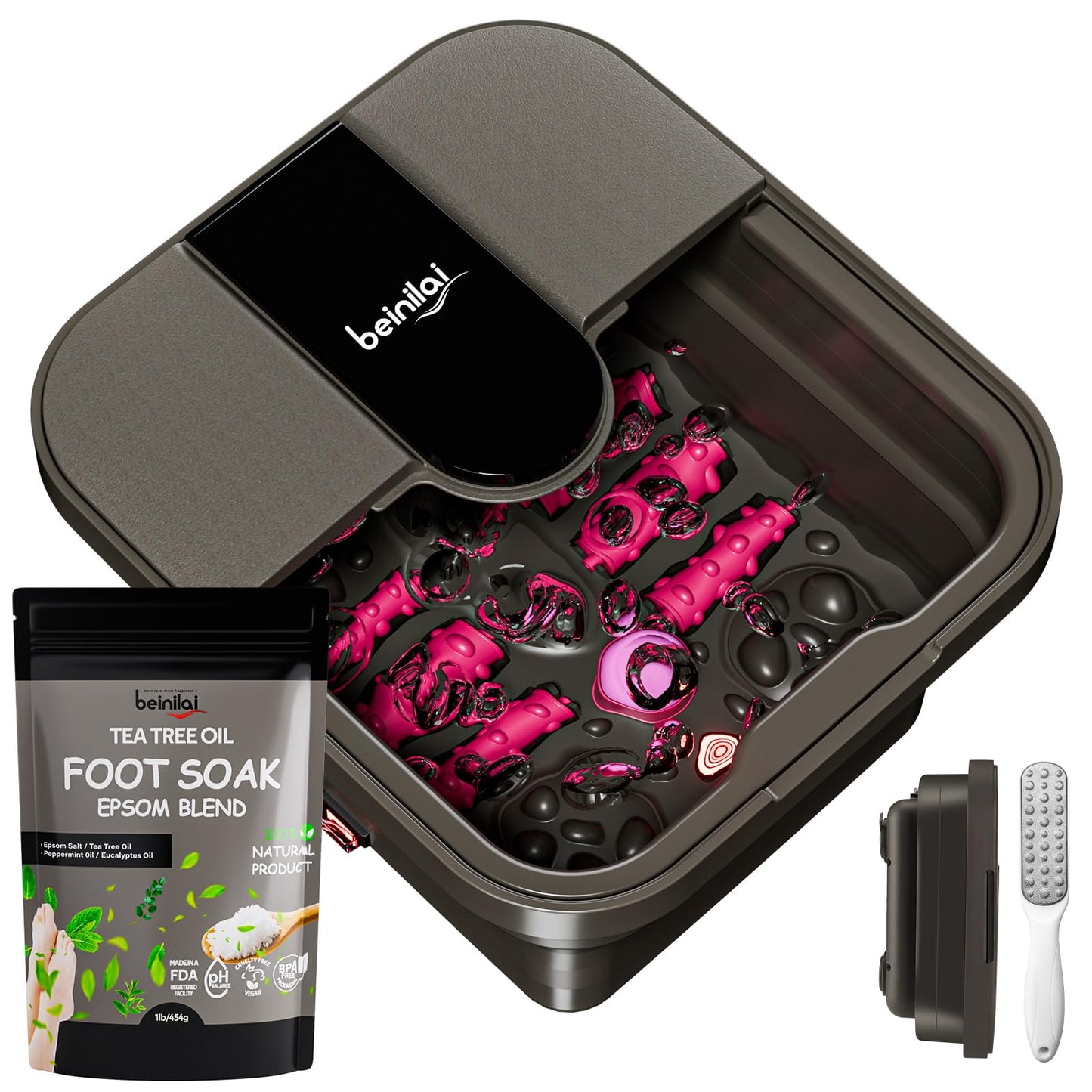 Beinilai Collapsible Foot Spa,Foot Bath with Heat and Massage and Bubble Jets,Foot Soak Tub with Six Non Motorized Rollers,Acupressure Massage Points,Red Light and Removable Pumice Stone