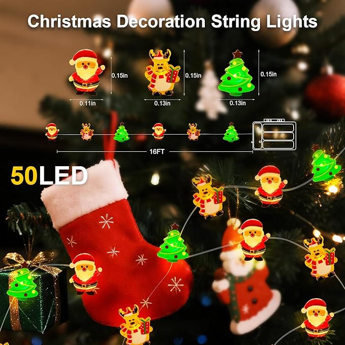 Aogist Christmas String Lights, 16ft 50 LED Battery Powered Reindeer Santa Claus Christmas Tree Decoration Lights for Indoor Outdoot Party Festival Christmas Decorative (1 Pack)