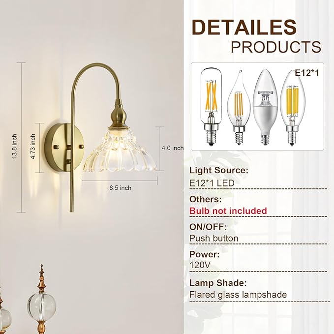 Vintage Wall Sconces with Clear Flower Glass Lampshade, Indoor Bath-Room Wall Sconce, Modern Gold Industrial Lighting Fixture for Mirror Living Room Hallway 1 Pack