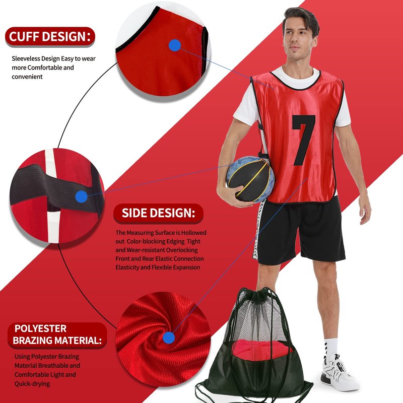 PULUOMASI Scrimmage Training Vest (12 Pack) Team Sports Pinnies Jerseys for Adult Youth Soccer Bibs Numbered Practice Jerseys Red L