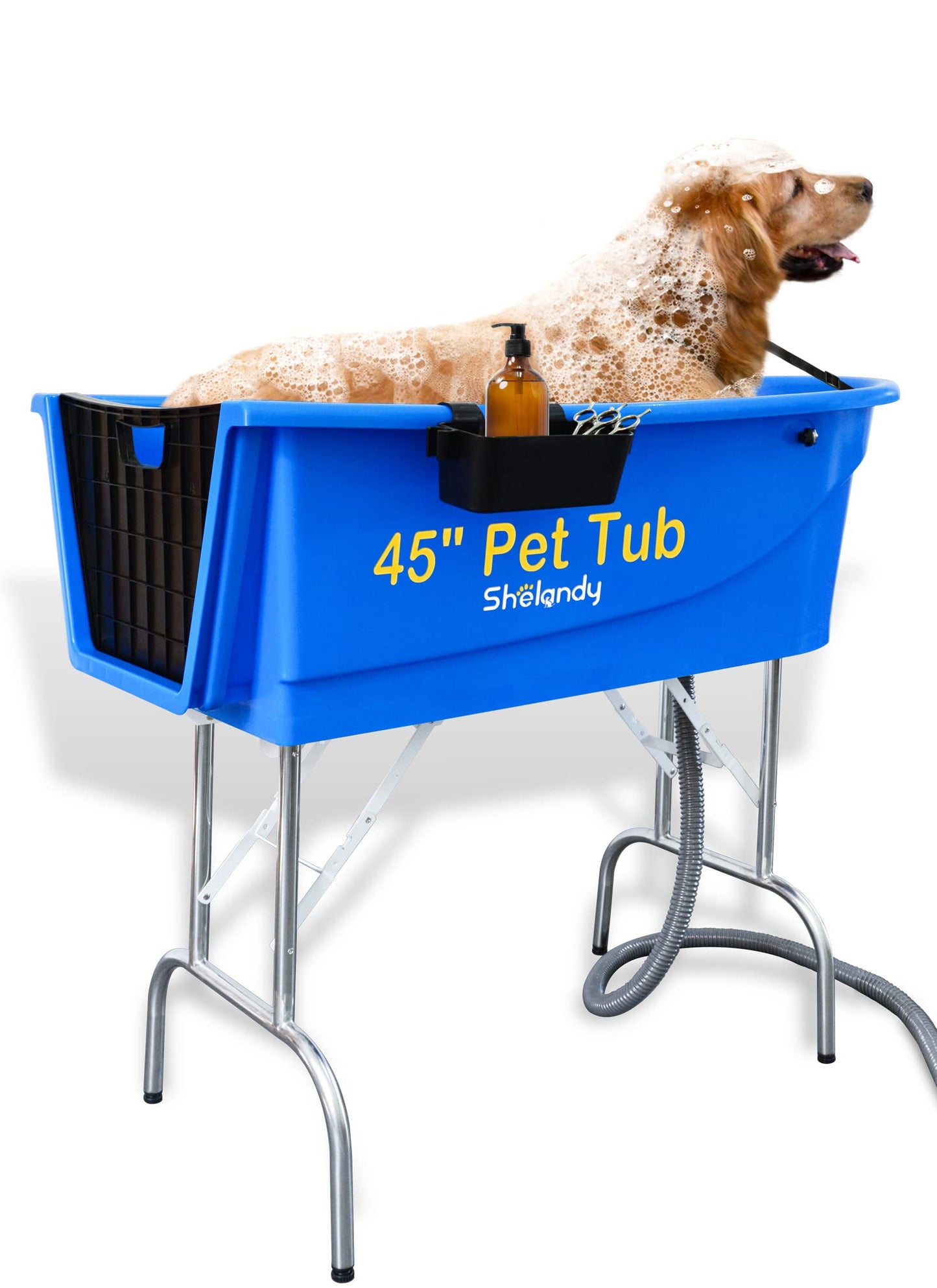 SHELANDY 45" Heavy Duty Pet Grooming Bath - Foldable Dog Tub with Non-Slip Base, Includes 6 ft Drain Hose & Grooming Leash, Durable Polymer, Supports up to 70 kg, Ideal for Easy, Safe Pet Bathing