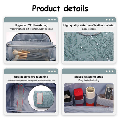 BOYATU Travel Makeup Bags Cosmetic Organizer Bag: 3-Set Large Capacity Make up Bag - PU Leather Toiletry Bags for Women - Wide Open Portable Pouch with Divider & Handle (01-Light Blue)