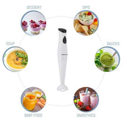 Elite Gourmet EHB-2425X Electric Immersion Hand Blender Stick, Mixer, Chopper, 1-Touch Control Multi Purpose, 150 Watts, For Soups, Sauces, Baby Food, White