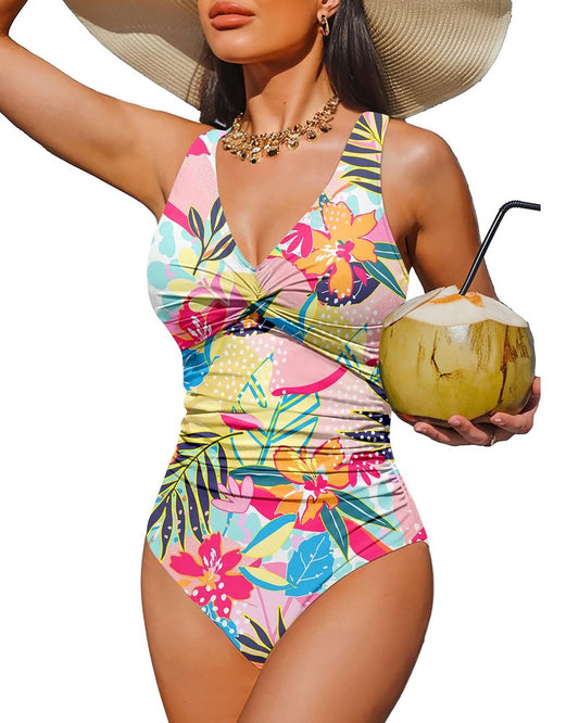 Holipick Tropical Floral Women Tummy Control One Piece Swimsuit - Push Up Bathing Suit Full Coverage Slimming Swimwear XXL