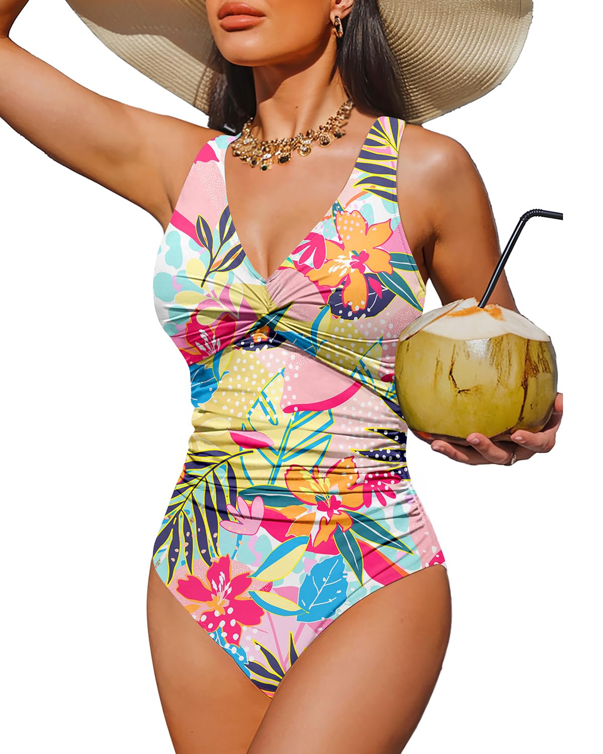 Holipick Tropical Floral Women Tummy Control One Piece Swimsuit - Push Up Bathing Suit Full Coverage Slimming Swimwear XL